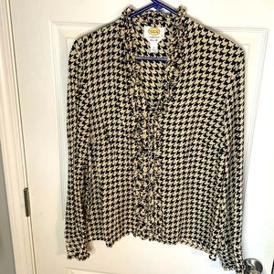 Talbots Woman's 16W Pure Silk Hounds tooth Long Sleeve Button Blouse Black Beige
